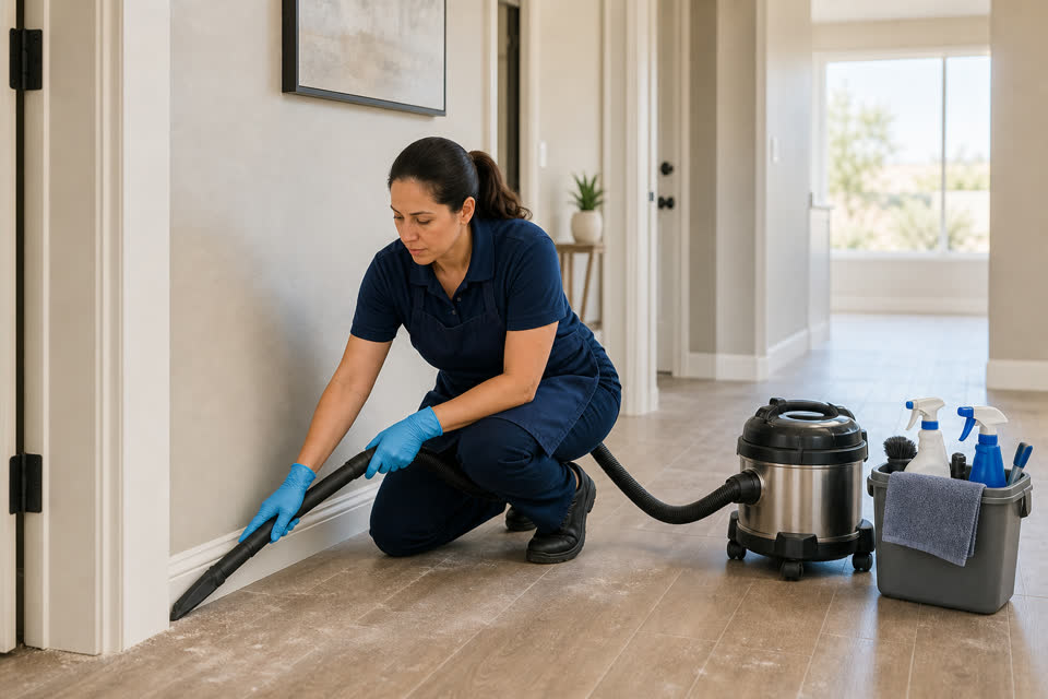 Professional cleaner wiping fine dust after residential renovation work.
