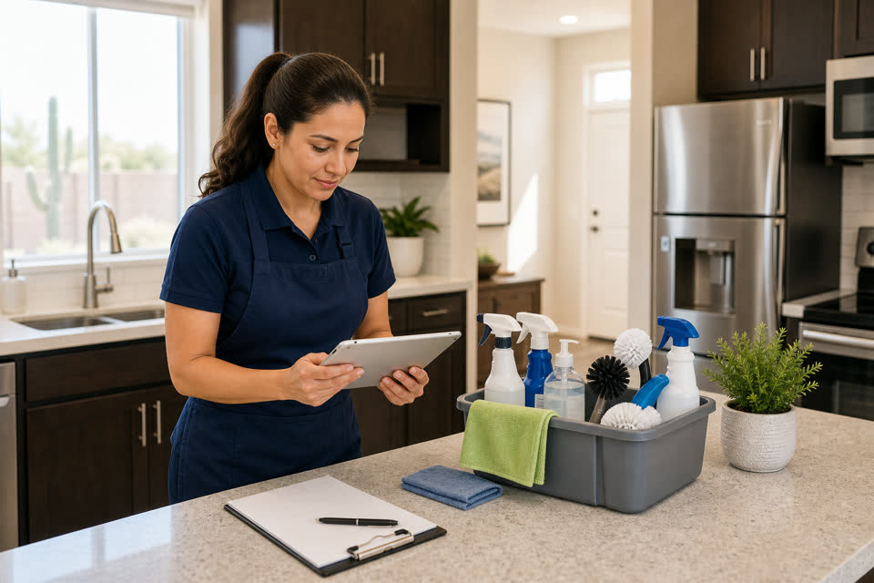 Professional cleaner reviewing home details for a house cleaning quote.
